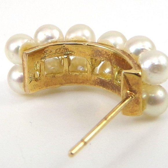 Solid 14K Yellow Gold Pearl Ruby Hoop Earrings - Picture 3 of 4